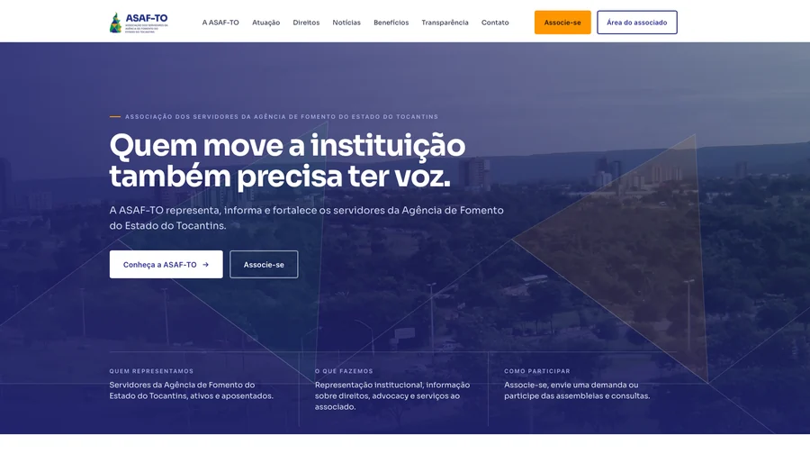 Página inicial do site institucional da ASAF-TO, criado pelo Porakê Studio